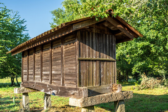 Traditional Galician wooden horreo, ancient granary on stone pillars under a blue sky, Ourense, Spain