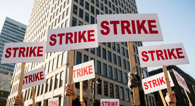 Labor strike protest signs held by workers, demonstration for employee rights in front of corporate office building, union picket line