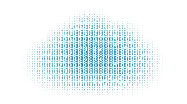 A digital cloud shape filled with binary code, representing cloud computing and data handling concepts.
