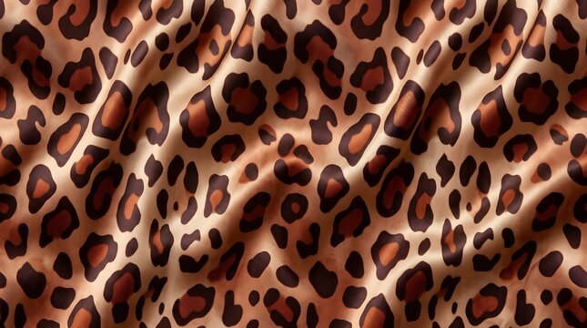 Luxurious silky leopard print fabric with brown black spots and smooth texture suitable for fashion and interior design projects