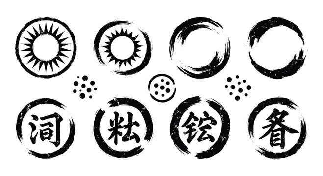 A collection of ten hand-drawn, imperfect black ink circles or brush stroke rings on a white background, arranged