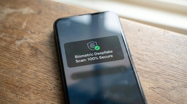 Smartphone displaying biometric deepfake scan notification indicating 100% secure status on wooden surface with natural light illuminating the scene