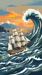 Tall Ship Sailing Through Massive Ocean Wave at Sunset, Vintage Galleon Navigating Stormy Sea with Snowy Mountains in Background, Flat Design Vector Illustration of Nautical Adventure and Exploration © Yunistudio