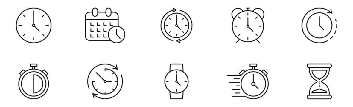 Set of various black line icons illustrating clocks, watches, and time management tools for business and daily schedules