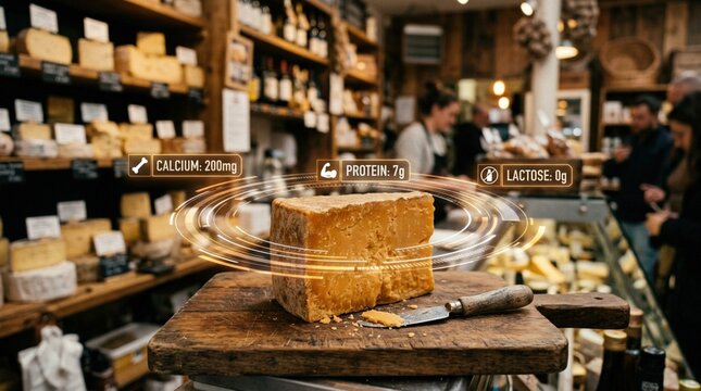 Block of cheese on wooden cutting board with nutritional information displayed, surrounded by shelves of various cheeses in a bustling market environment
