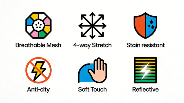 Advanced fabric function icons placed horizontally, breathable four-way stretching, anti fouling and anti-static, soft touch with reflective effect
