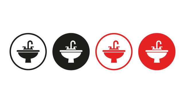 Four icons of sinks in circles black white red and black