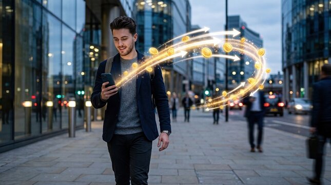 Young man in a black blazer using smartphone on city street at dusk, illuminated buildings and pedestrians visible in the background with glowing digital elements