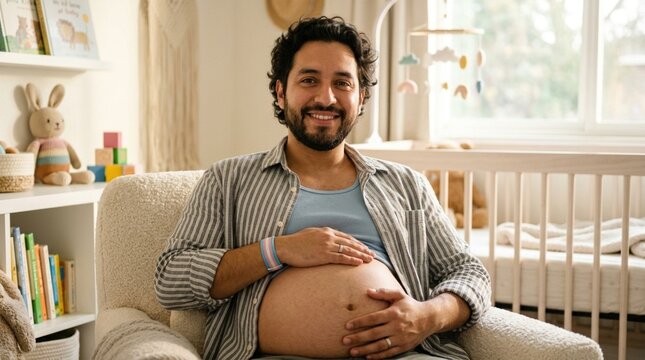 Expectant father sitting in a cozy nursery, smiling while resting hands on his pregnant belly, surrounded by children's books and soft toys in a bright room