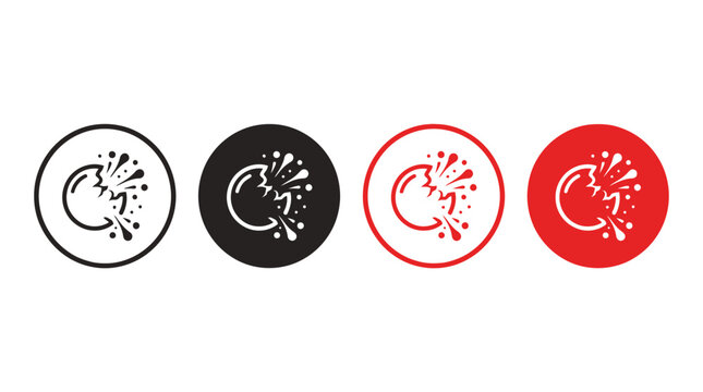 A set of three circular icons with a crescent moon and explosion, in black, white, and red colors.