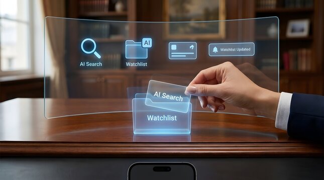 Ai powered search and monitoring interface with watchlist feature displayed on a hologram