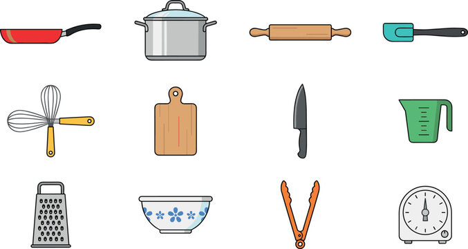 Vector illustration set of modern kitchen utensils and cooking tools featuring frying pan, pot, rolling pin, whisk, cutting board, and baking equipment.