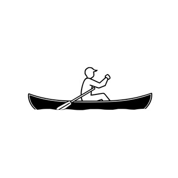 Minimalist pictogram of a person in a canoe with a paddle, water recreation symbol, heavy bold lines, white background. set with simple line art design featuring outline, illustration, graphic elem...