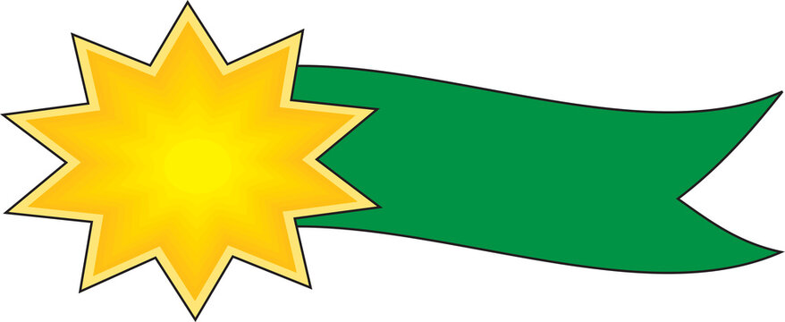 Bright yellow ten-pointed star with a golden outline attached to a flowing green ribbon banner on a grey background. Ideal for award certificates or celebratory announcements.