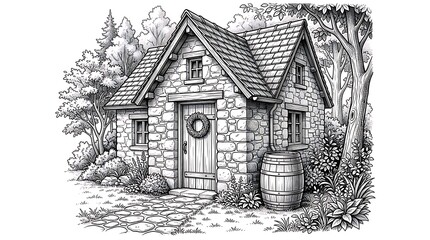 Obraz premium Black and white of a stone cottage with a barrel, surrounded by trees and plants house small house