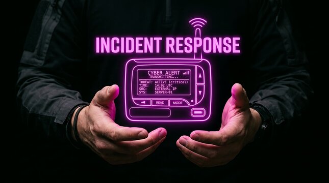 Hands holding a glowing neon pager representing incident response and cybersecurity alerts.