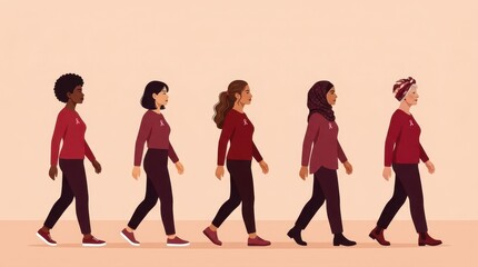 Fototapeta premium Breast Cancer Awareness Month Five women representing diversity walking in a row wearing red shirts and pink ribbons for breast cancer awareness month campaign