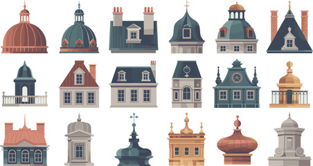 Vintage European architecture rooftop and building facades vector element set featuring historical cupolas domes windows and classical design structures © Md