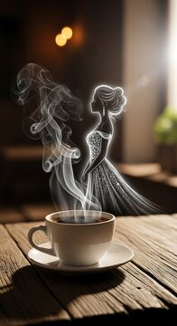 A steaming cup on a wooden table with ghostly waltzing figures