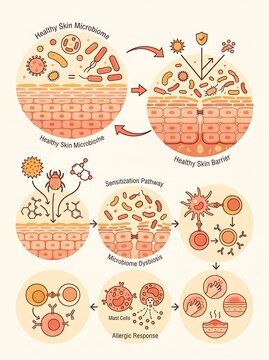 Healthy skin microbiome and allergic response pathway infographic