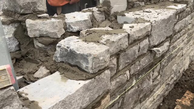 Masons building natural stone wall with wet mortar close up
