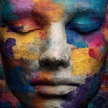 A close-up of a human face with eyes closed, covered in textured, colorful paint patches blending vibrant hues on the skin.