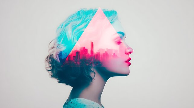 A double exposure image combining a woman's profile with a pink and blue tinted city skyline, symbolizing the fusion of human identity and urban life.