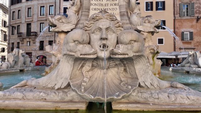 Close-Up Of The Baroque Sculpture On The Pantheon Fountain In Rome