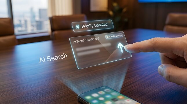 Ai powered search results interface with priority update notification on a wooden table