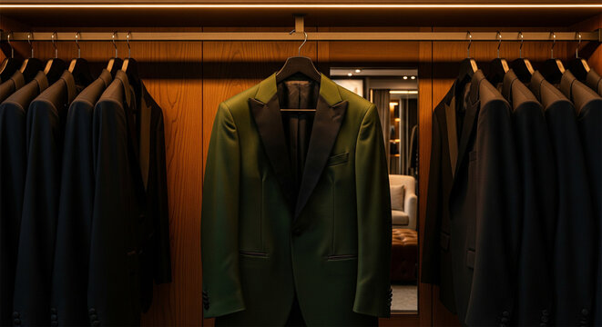 Luxury green tuxedo jacket hanging in a wooden closet, elegant men suits on hangers in a boutique wardrobe, premium male fashion concept