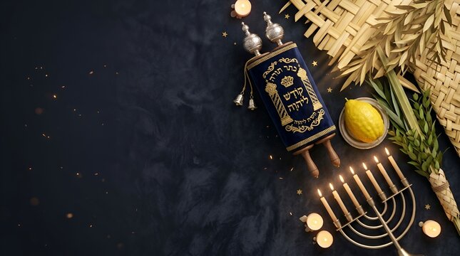 Jewish holiday symbols including menorah lulav etrog and torah scroll