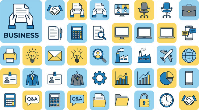 Corporate business vector icon set in blue and yellow squares containing document handshake computer stats finance and office objects