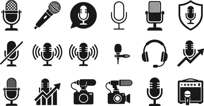Set of microphone and audio icons for podcasting recording studio broadcast multimedia and sound equipment.