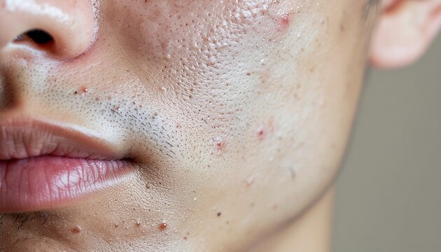 Extreme close-up shot of a man's face showing oily skin texture with large open pores, blackheads, and acne breakouts on the cheek and jawline, focusing on common male skin conditions.