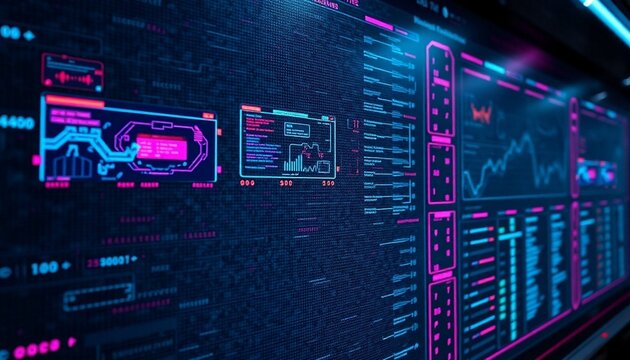 Futuristic Neon-Lit Urban Streetscape with Dynamic Data Displays and Information Panels in a Sci-Fi Cyber City Environment, Showcasing Advanced Technology and Interconnected Systems