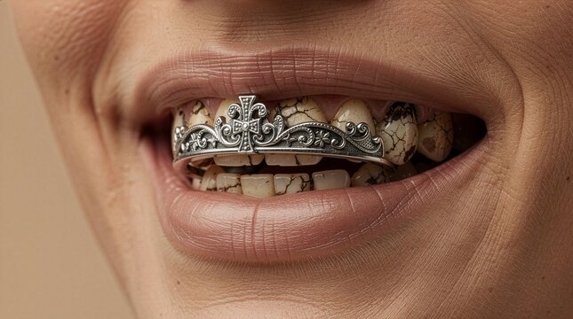 Macro view of a smiling mouth featuring stained textured teeth adorned with an intricate silver crown grillz jewelry, highlighting gothic fashion, alternative style, and oral decoration.