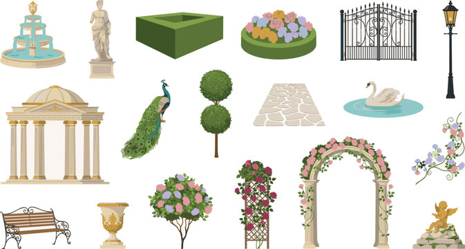 Classical royal garden landscaping vector element set featuring marble pavilions fountains statues flower arches topiaries and decorative iron gates