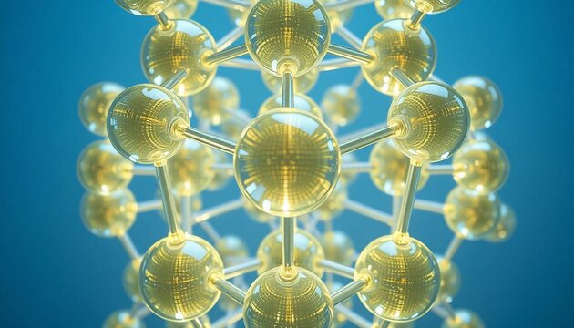 Golden molecular structure model, 3D atomic arrangement, shiny metallic spheres, scientific illustration