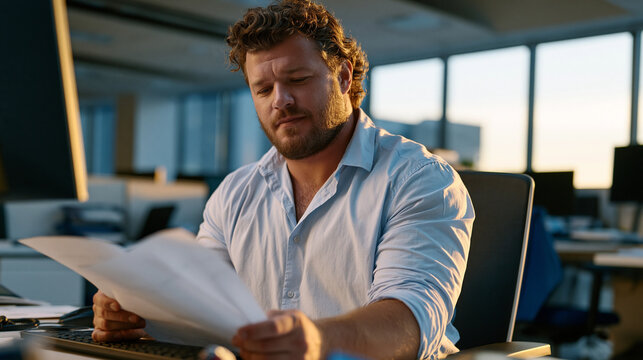 Middle manager returns to his desk to find a reorganization announcement printed and placed on his keyboard, visible mid-reach with the paper held in both hands, surrounding cubicles empty, late aft