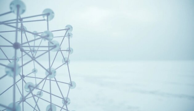 Geometric metal structure, futuristic architecture, blue-toned industrial landscape, modern engineering