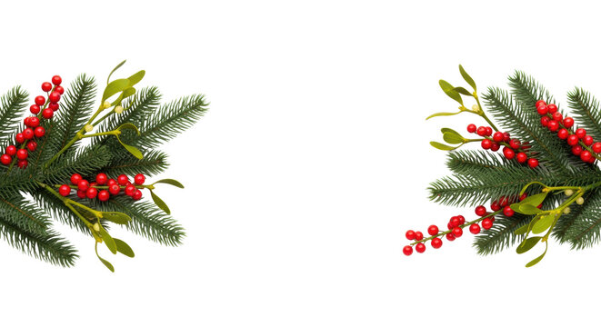 Top-down, photorealistic studio shot of an elegant christmas border frame made of noble fir, red holly, and mistletoe on a transparent background with copy space. concept of festive elegance