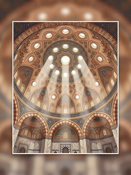 Sunlight streaming through the dome of an ornate mosque interior