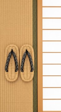 Traditional woven sandals rest neatly on a straw tatami mat beside a paper shoji screen door, capturing a peaceful and minimalist interior, straw, door, screen