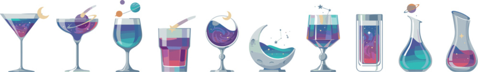 Cosmic galaxy cocktail drinks vector set featuring mystical space themed potions flasks and celestial beverages on white background © Md