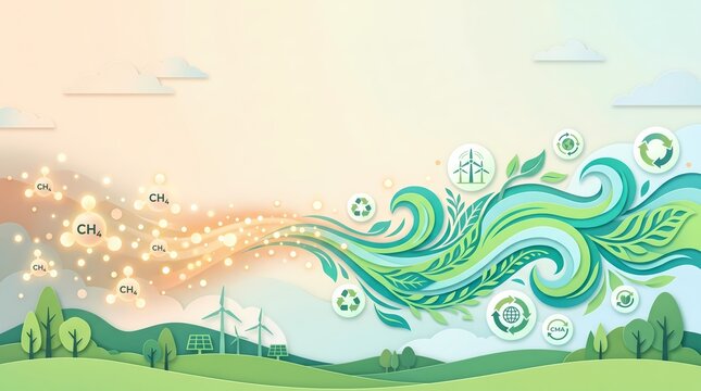 Abstract paper-cut illustration showing methane molecules being transformed into clean energy, symbolizing climate action, environmental sustainability, and green tech.