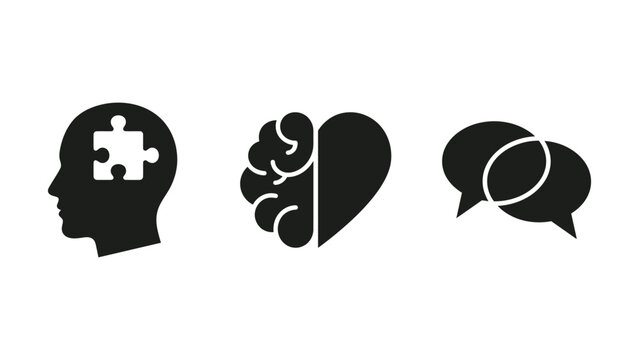 Black silhouette icons of human head brain heart and speech bubbles on white background