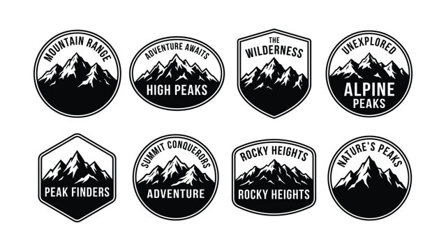 Collection of mountain range badges and labels with inspirational texts