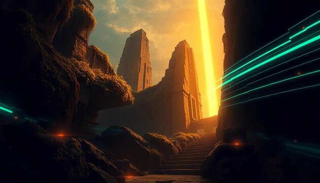 Futuristic canyon landscape, neon lights, rocky formations, sunset