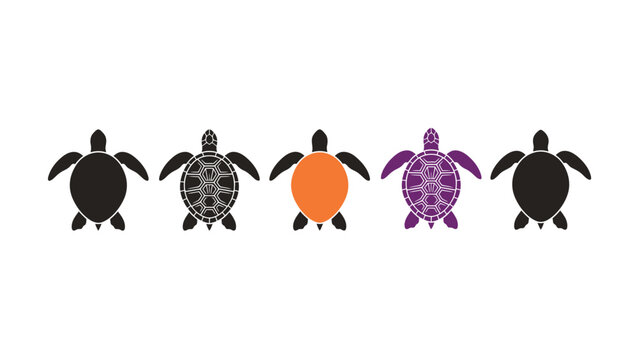 Five different colored turtle silhouettes on white background  sea turtles