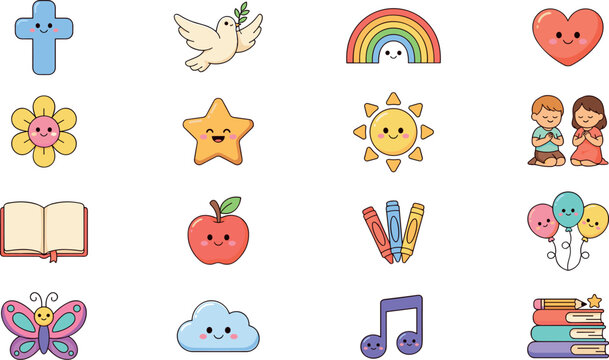 Cute kawaii Christian Sunday school vector icons set with cross dove rainbow bible praying kids church education elements and stickers